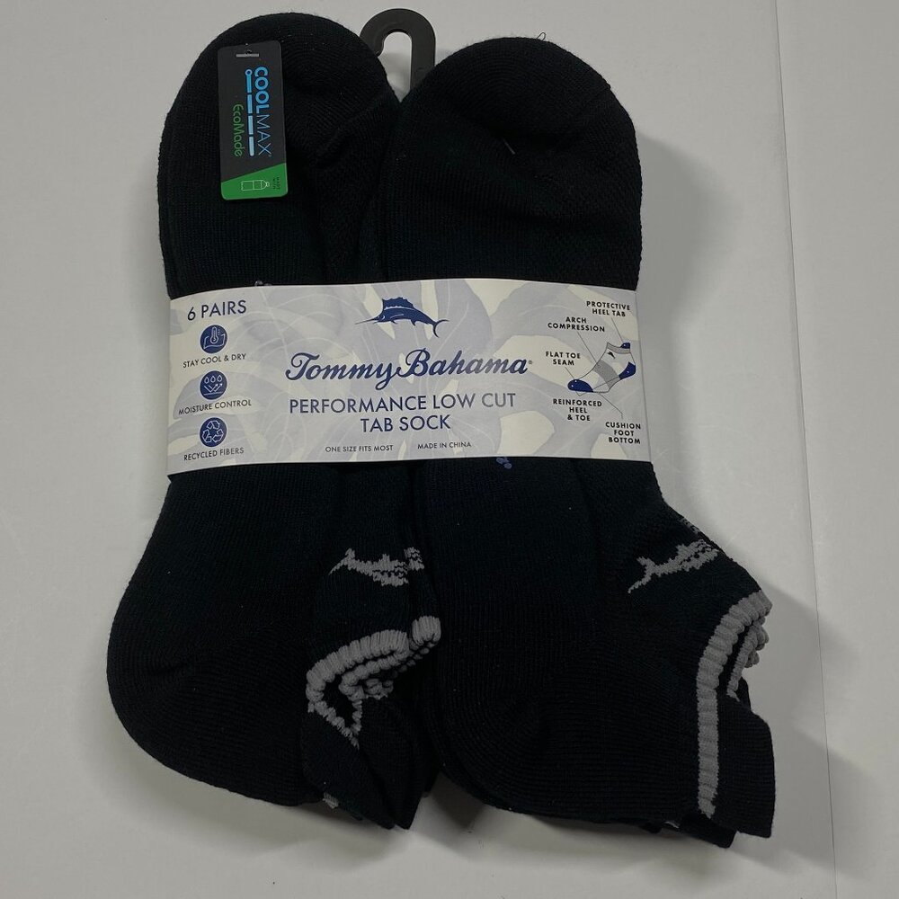 Tommy Bahama Coolmax Performance Low Cut Socks One Size - 6 Pair - Black